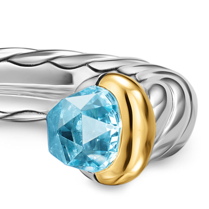 David Yurman Petite Cable Open Ring in Sterling Silver with 14K Yellow Gold and Blue Topaz, 3.4 mm, Size 7