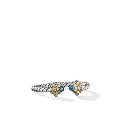 David Yurman Renaissance Ring in Sterling Silver with Hampton Blue Topaz, 14K Yellow Gold and Diamonds, Size 7
