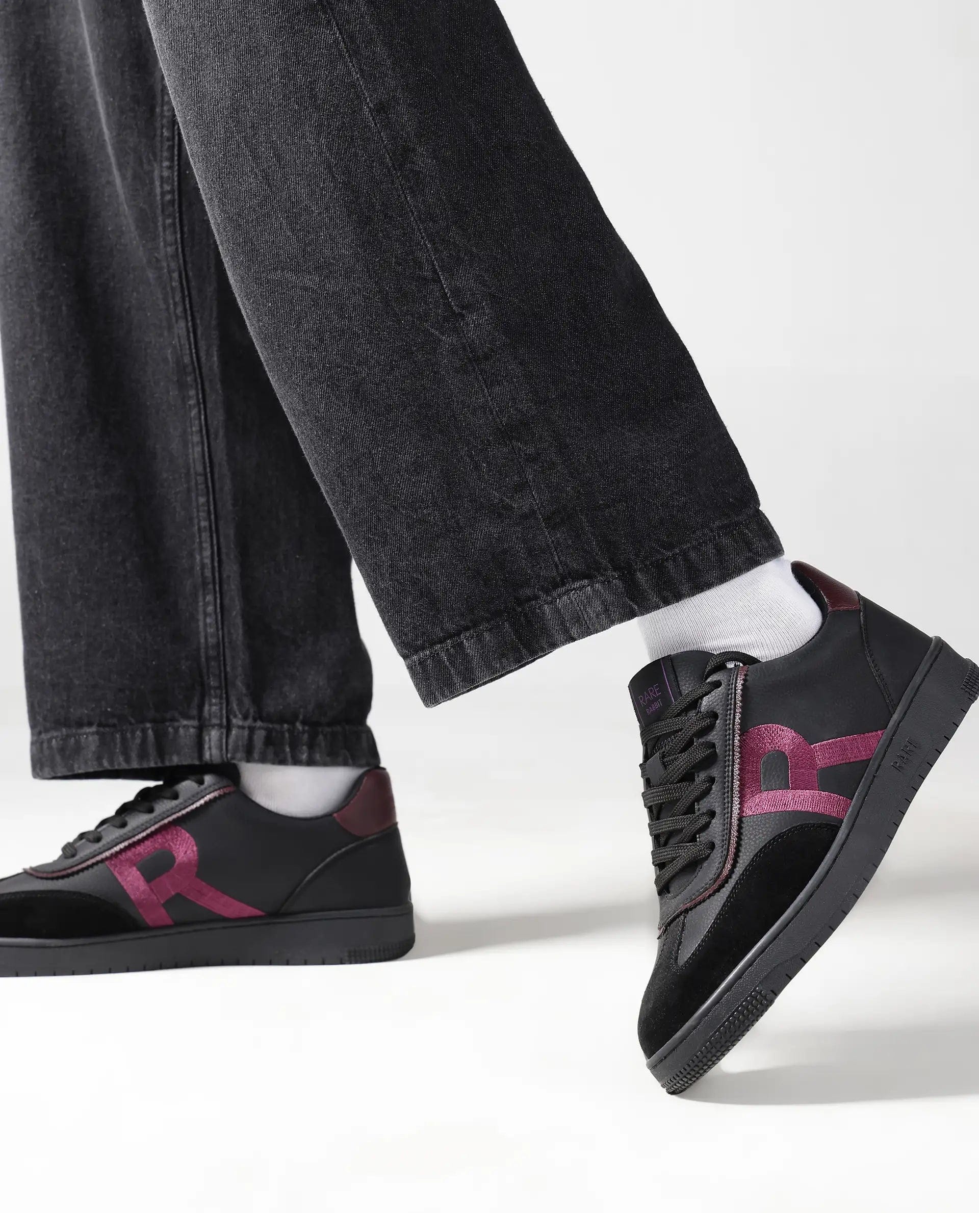 RAREZ Rare Rabbit Men's Embroy Black Micro Leather Sneaker