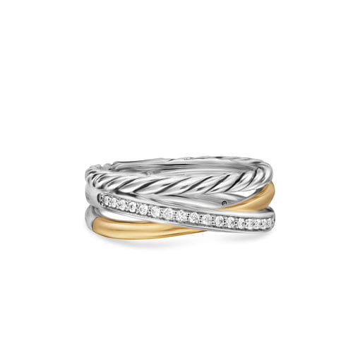 David Yurman Crossover Three Row Ring in Sterling Silver with 18K Yellow Gold and Diamonds, 7 mm, Size 6
