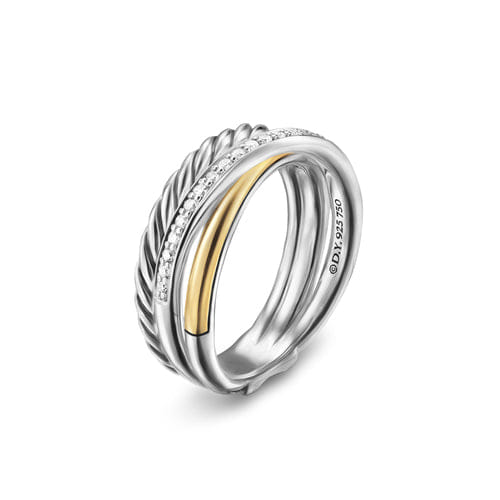 David Yurman Crossover Three Row Ring in Sterling Silver with 18K Yellow Gold and Diamonds, 7 mm, Size 6