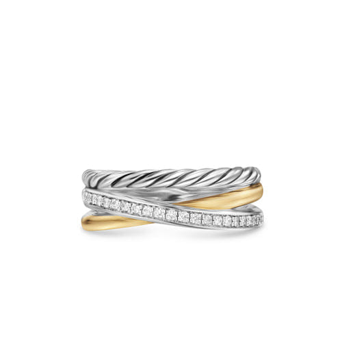 David Yurman Crossover Three Row Ring in Sterling Silver with 18K Yellow Gold and Diamonds, 7 mm, Size 6