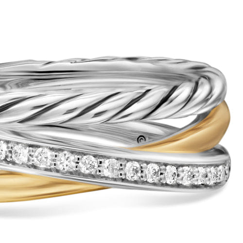 David Yurman Crossover Three Row Ring in Sterling Silver with 18K Yellow Gold and Diamonds, 7 mm, Size 6