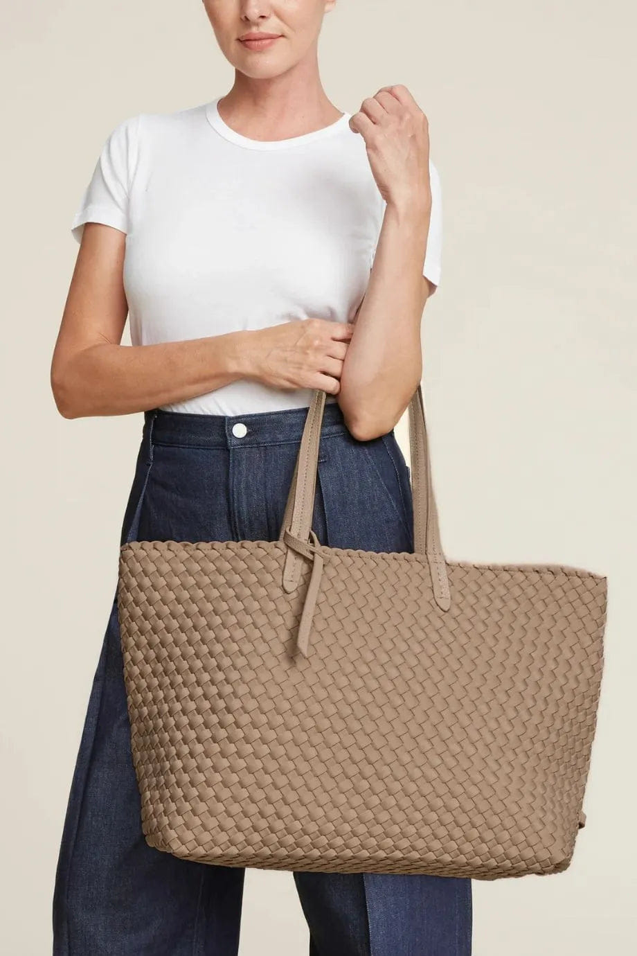 Naghedi Jetsetter Woven Large Tote Bag in Beige