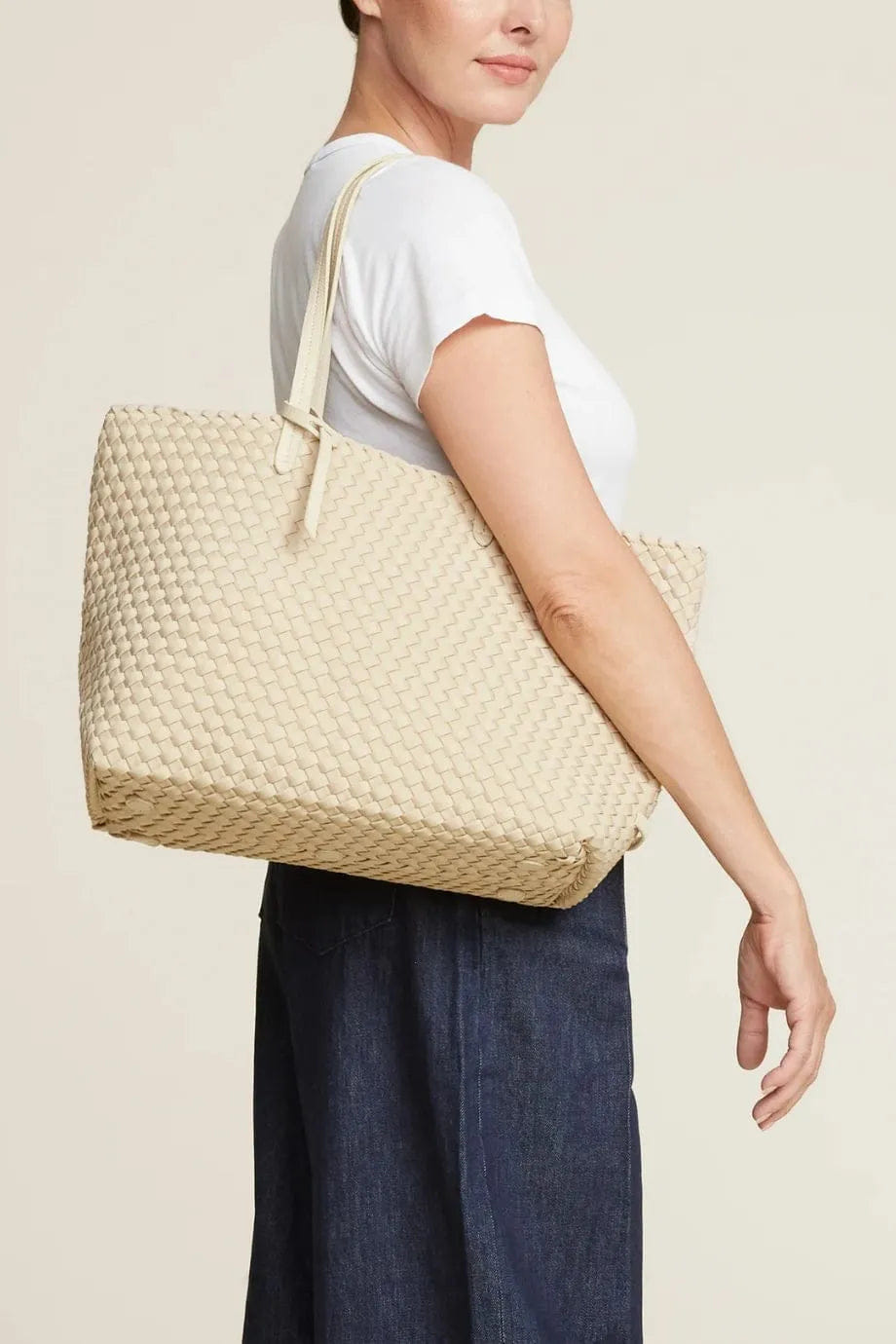 Naghedi Jetsetter Woven Small Tote Bag in Beige