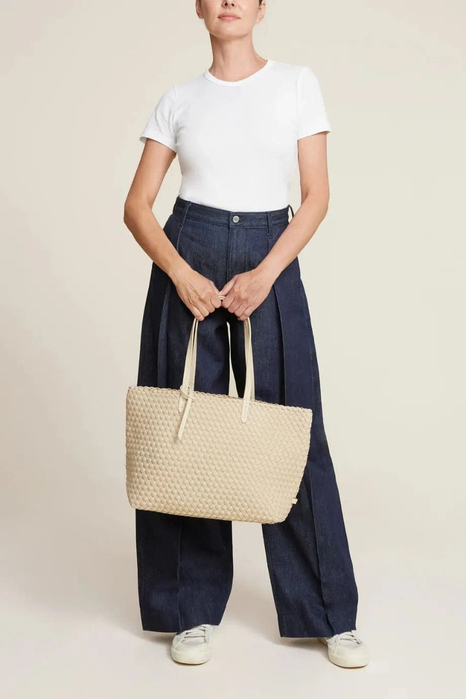 Naghedi Jetsetter Woven Small Tote Bag in Beige