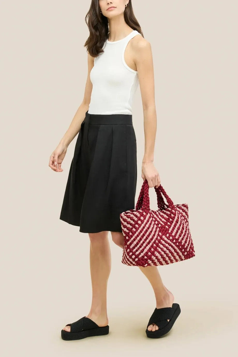 Naghedi St. Barths Double Weave Woven Medium Tote Bag in Red With Pouch