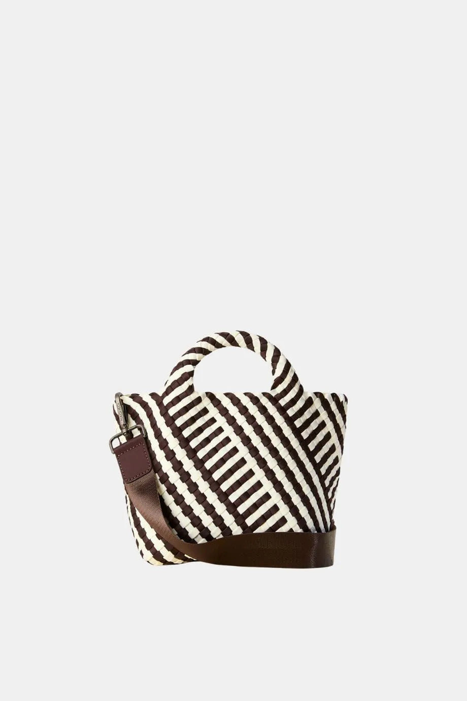 Naghedi St. Barths Woven Striped Geo Small Tote Bag in Brown With Strap and Pouch