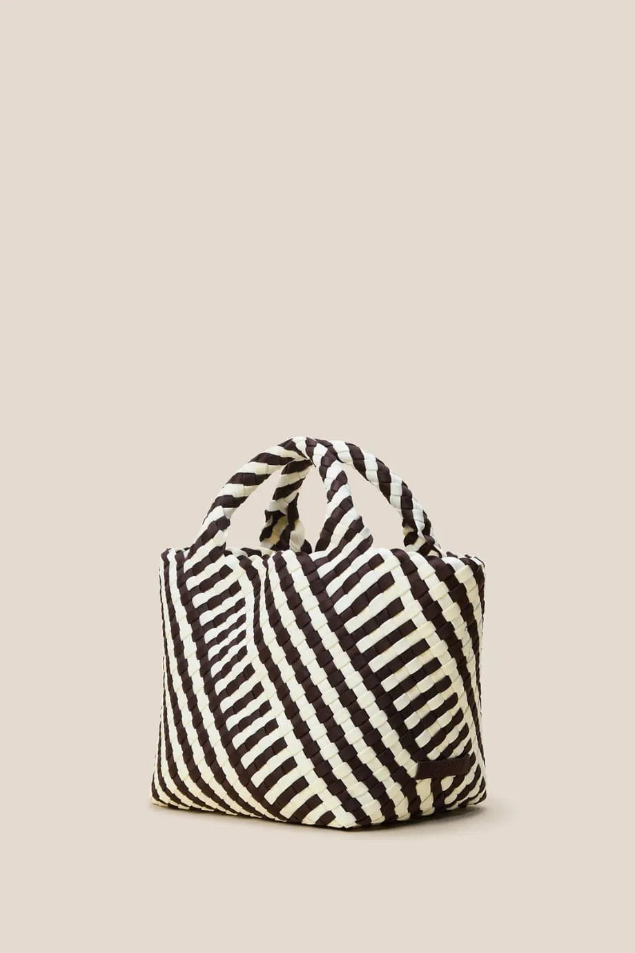 Naghedi St. Barths Woven Striped Geo Small Tote Bag in Brown With Strap and Pouch