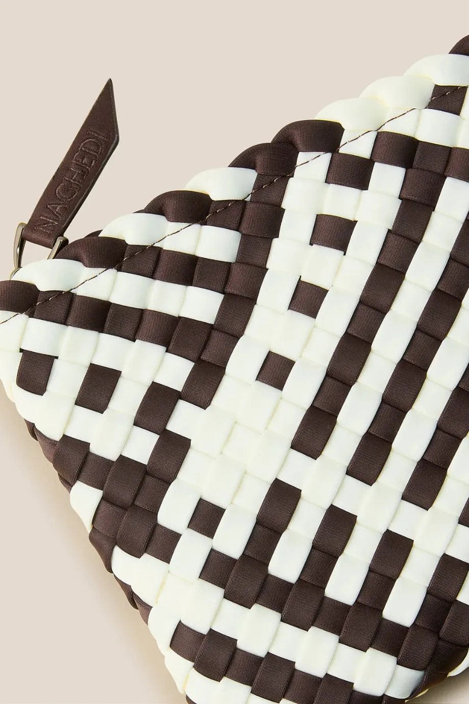 Naghedi St. Barths Woven Striped Geo Small Tote Bag in Brown With Strap and Pouch