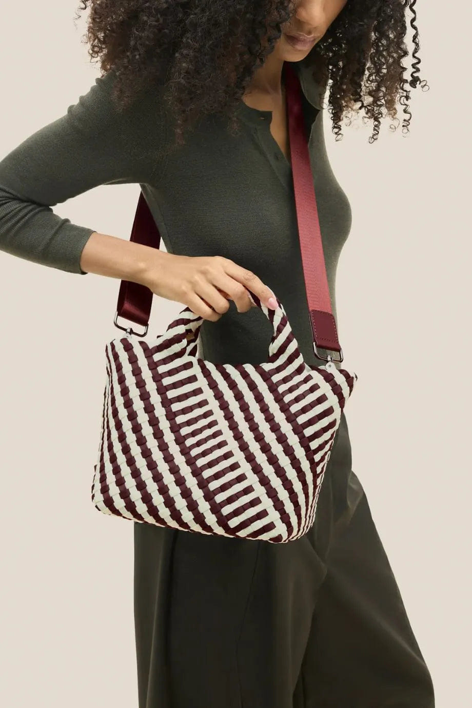Naghedi St. Barths Woven Striped Geo Small Tote Bag in Brown With Strap and Pouch
