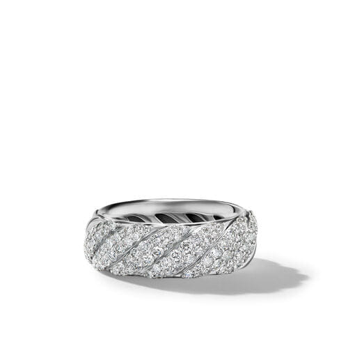 David Yurman Sculpted Cable Band Ring in Sterling Silver with Pavé Diamonds, Size 7