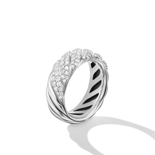 David Yurman Sculpted Cable Band Ring in Sterling Silver with Pavé Diamonds, Size 7