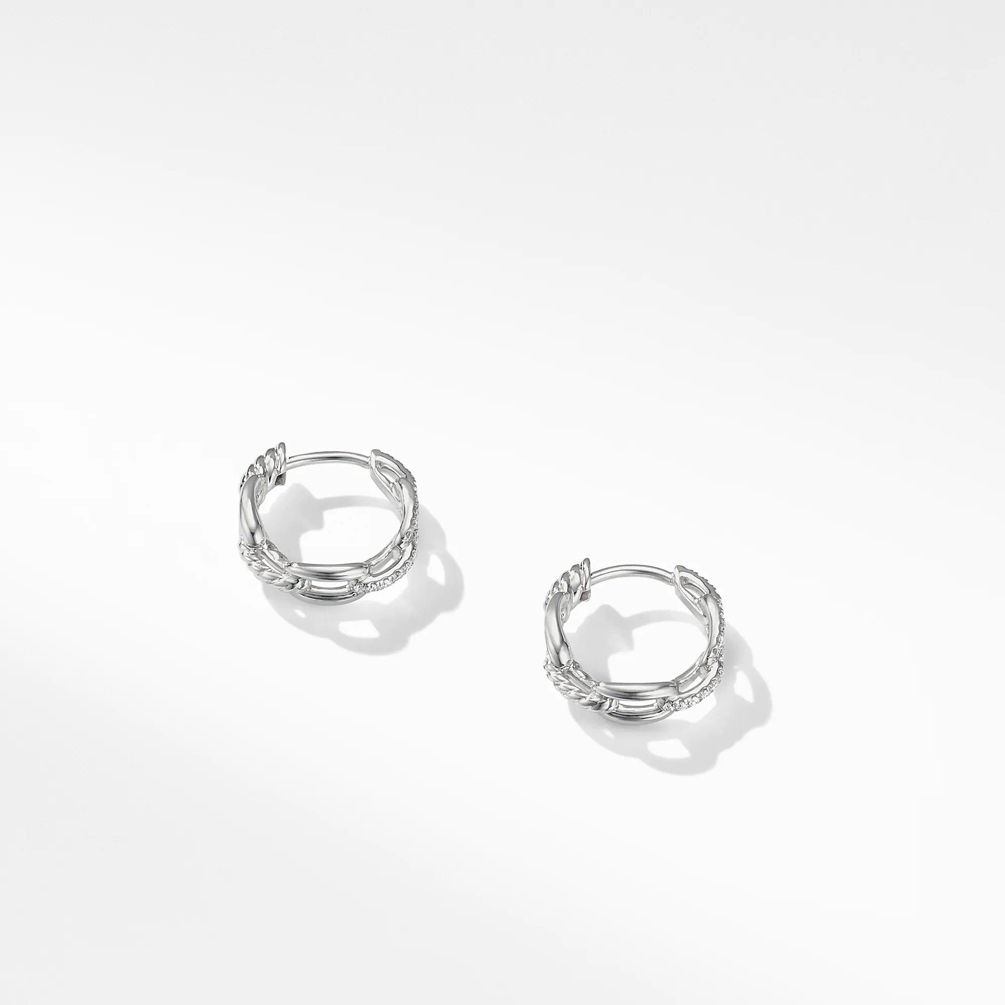 David Yurman Stax Chain Link Huggie Hoop Earrings with Diamonds in 18K White Gold