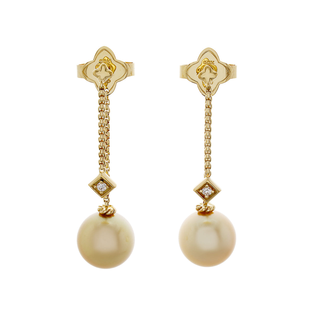 David Yurman 18K Yellow Gold Pearl Diamond Solari Chain Drop Earrings