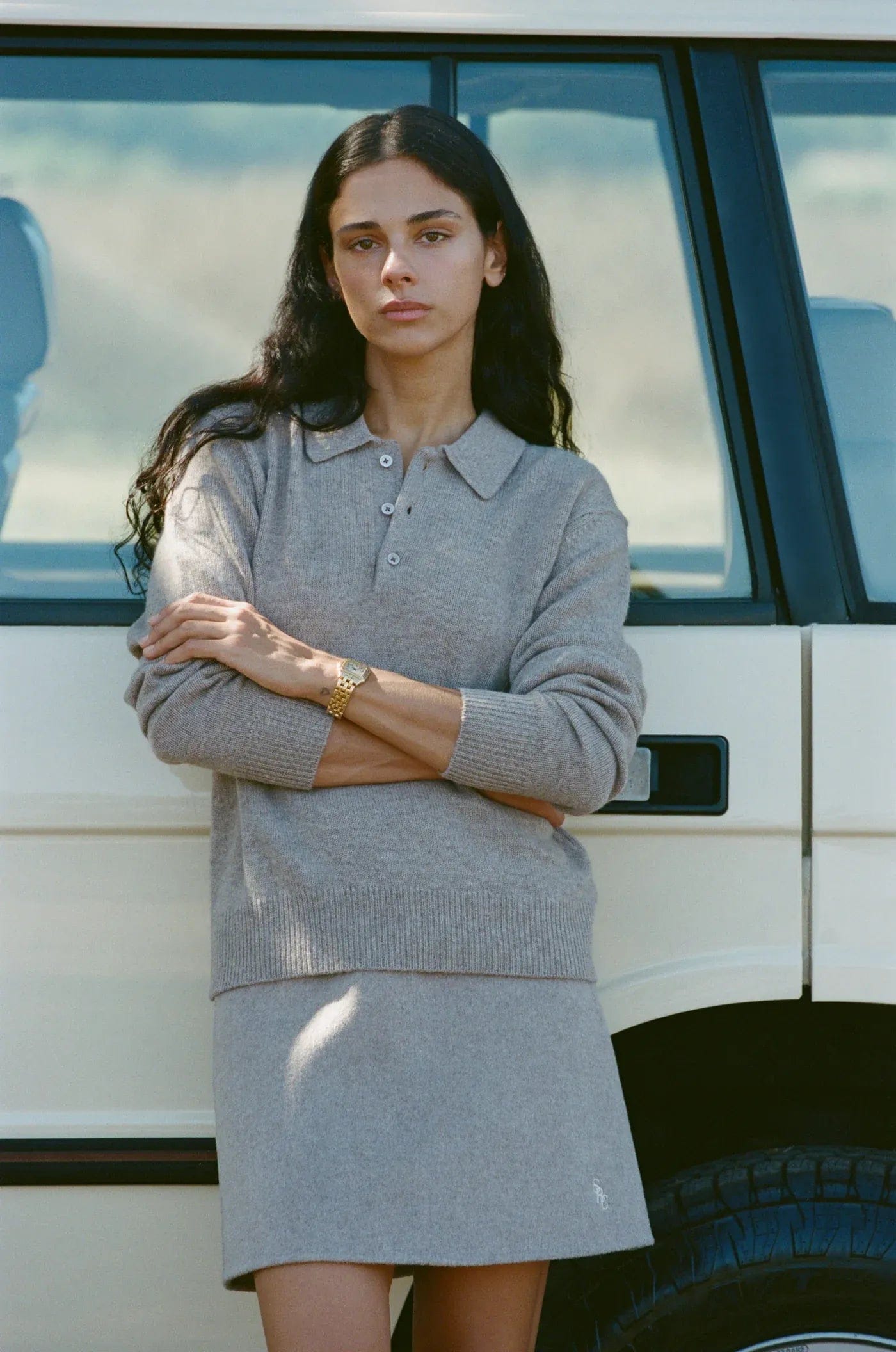 Sporty & Rich SRC Cashmere Long Sleeve Polo in Beige