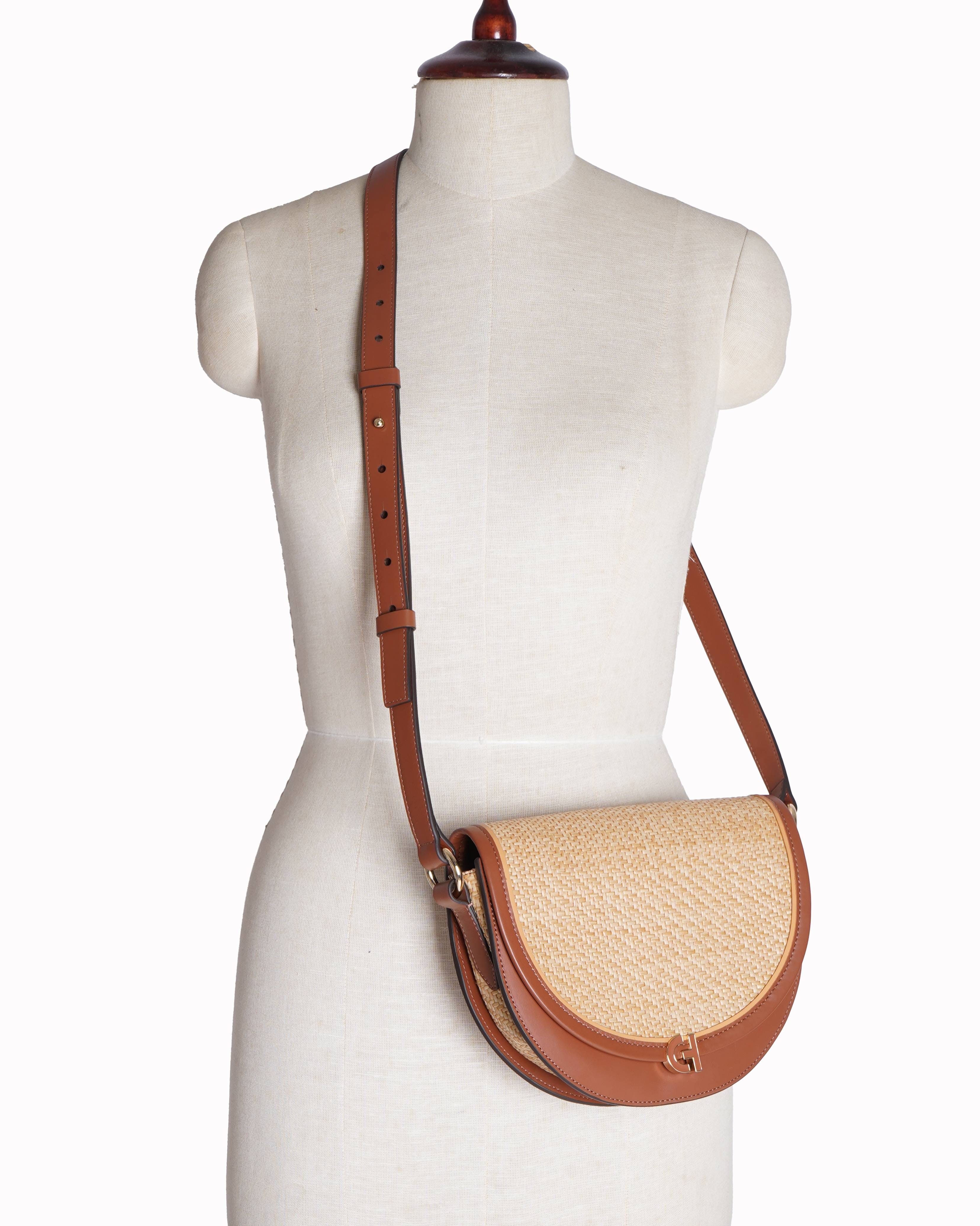 Cole Haan Natural Straw & Tan Leather Evie Saddle Bag