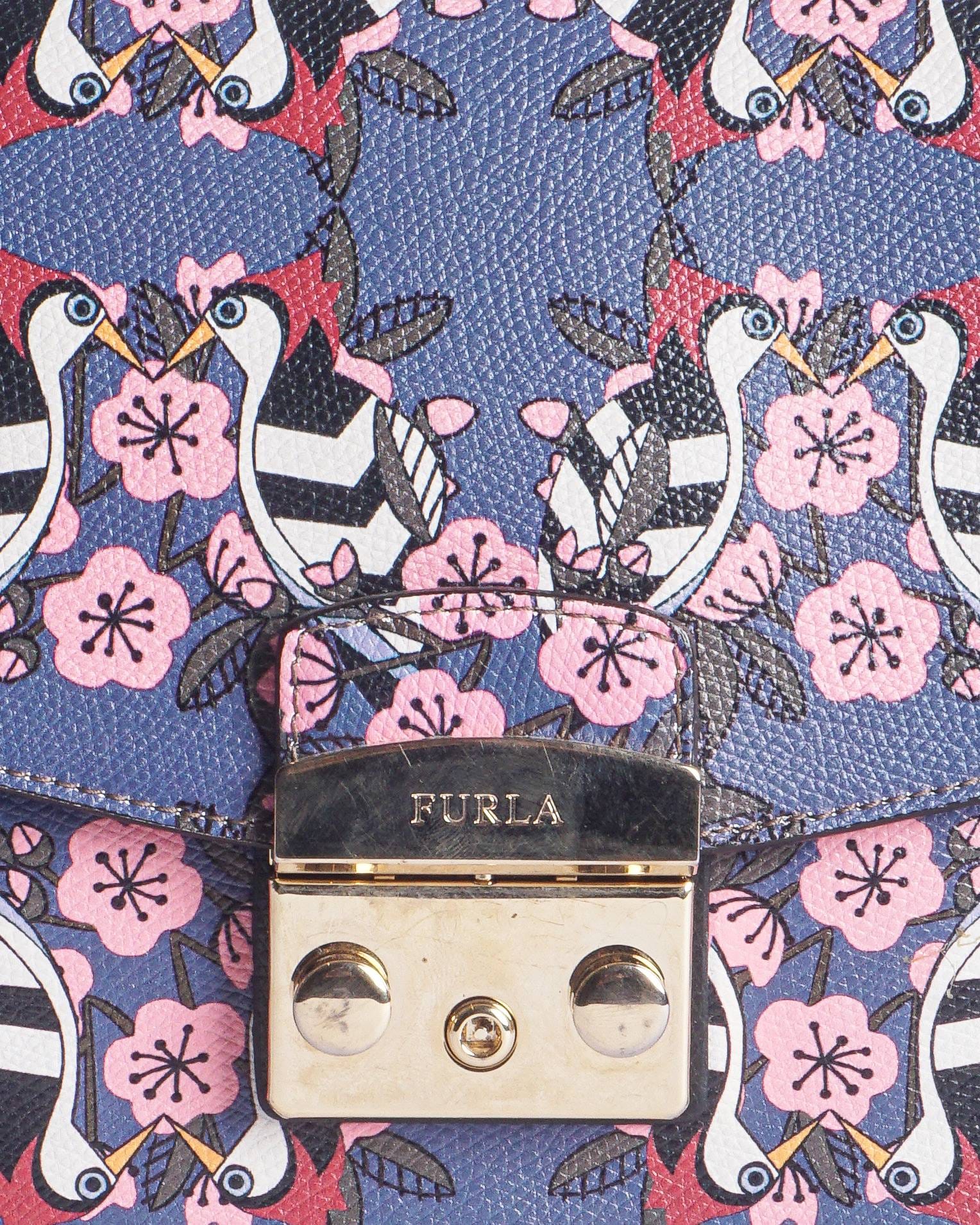 Furla Blue Leather Bird & Floral Print Push - Lock Shoulder Bag