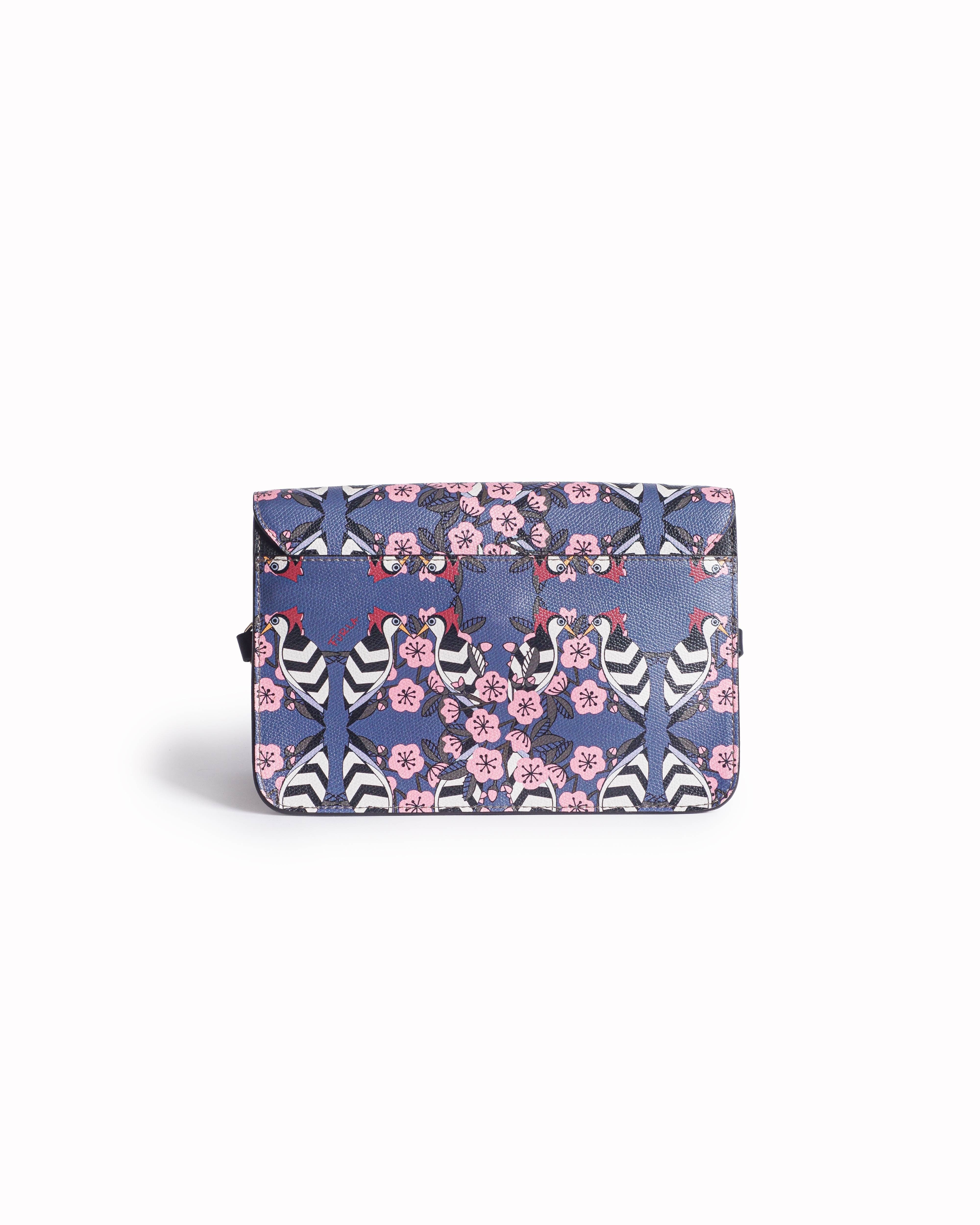 Furla Blue Leather Bird & Floral Print Push - Lock Shoulder Bag
