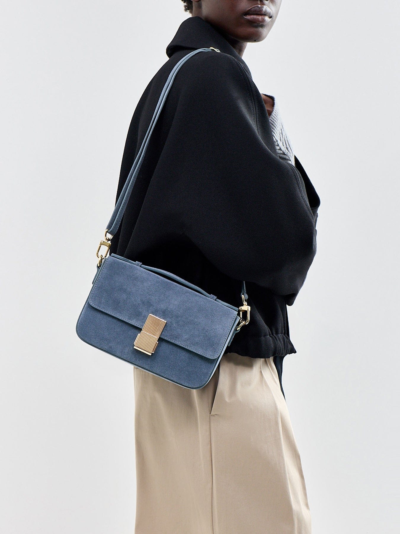 Apatchy London Flora Suede Top Handle Crossbody Bag Blue