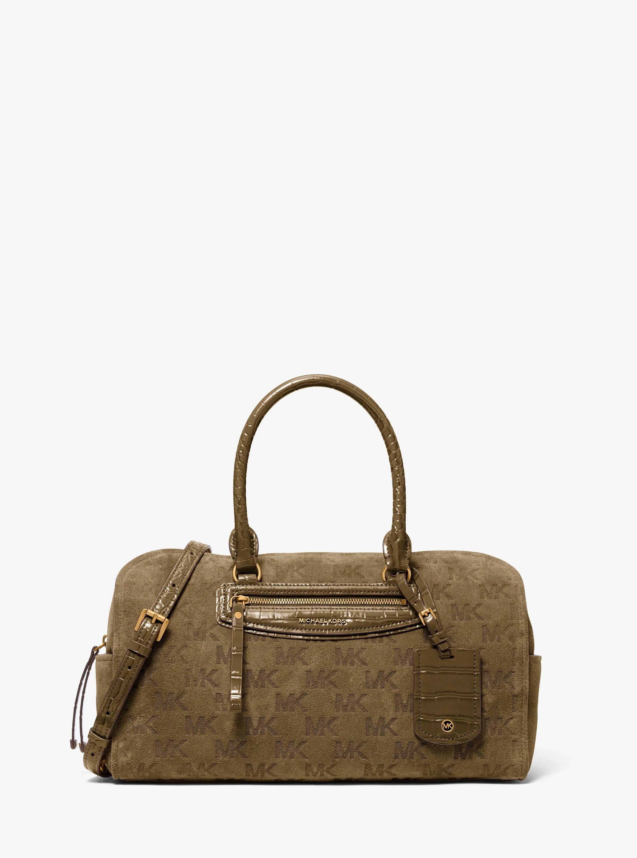 Jet Set Travel Medium Logo Embossed Suede Duffel Crossbody Bag
