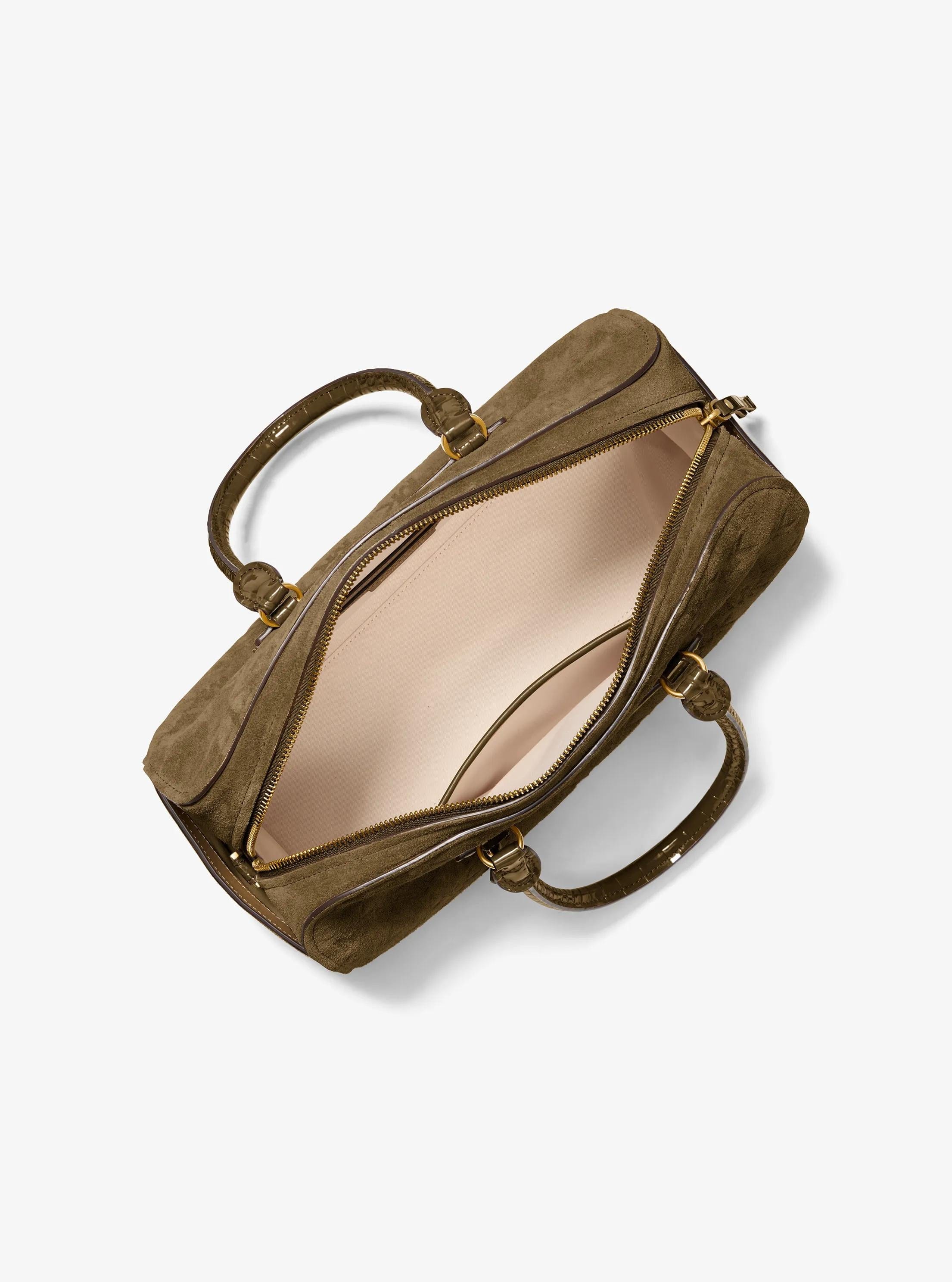 Jet Set Travel Medium Logo Embossed Suede Duffel Crossbody Bag