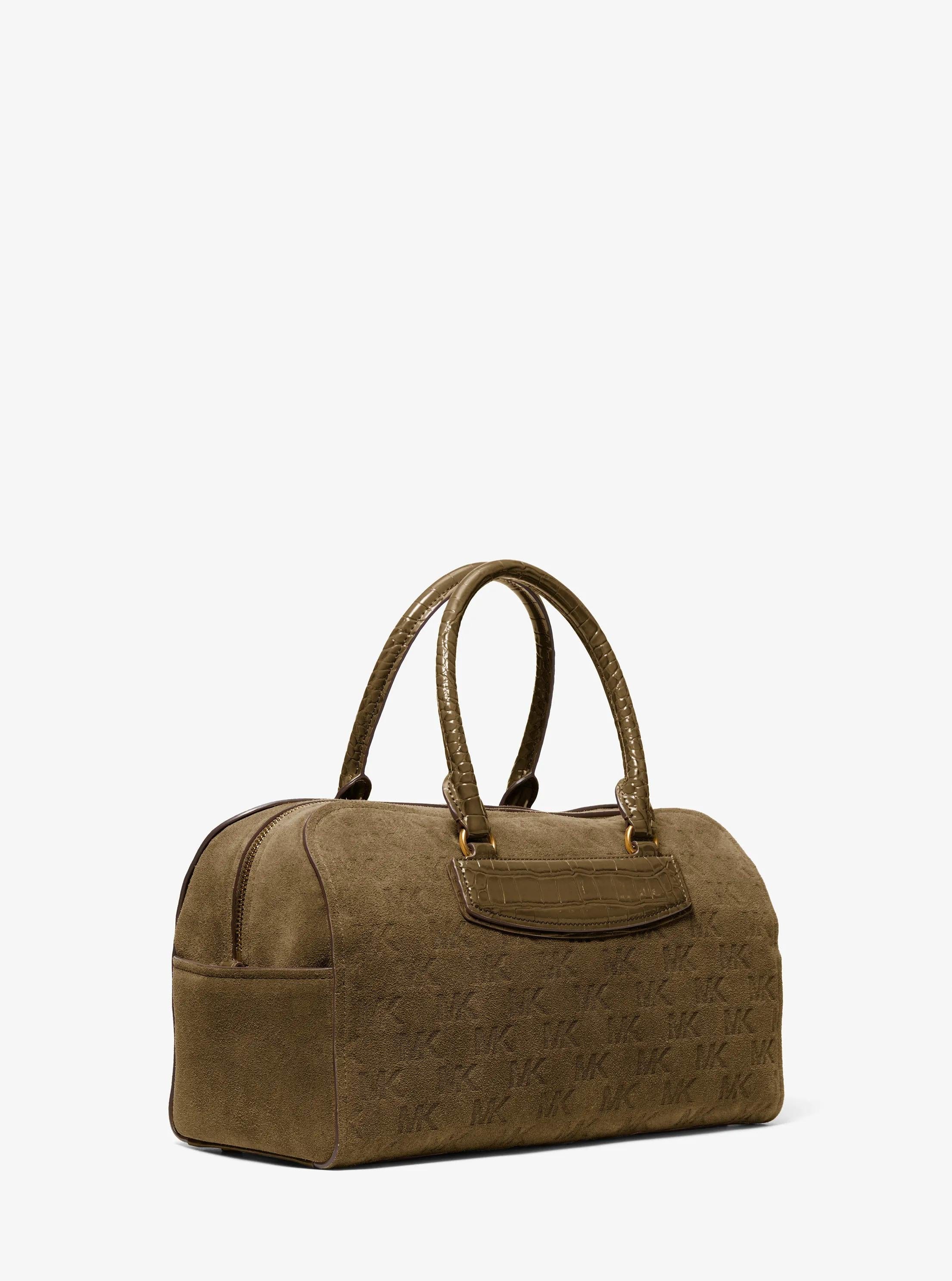 Jet Set Travel Medium Logo Embossed Suede Duffel Crossbody Bag