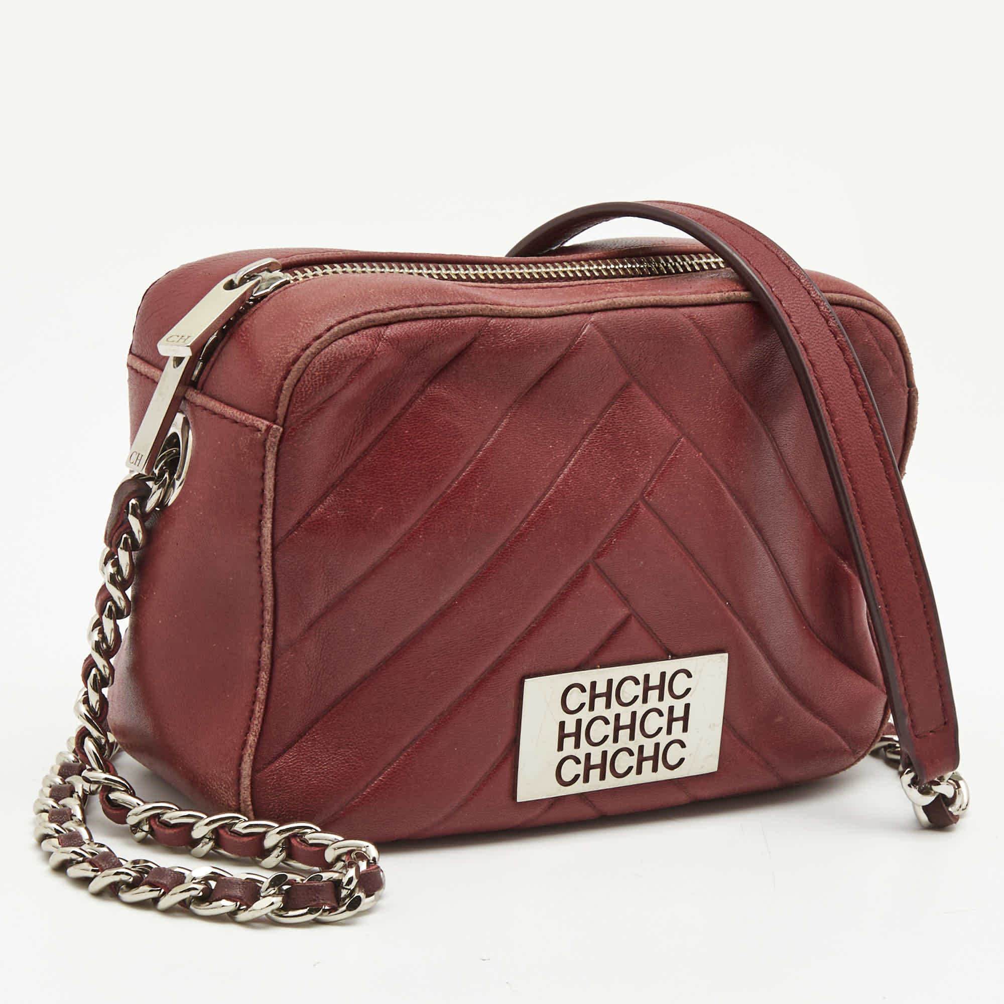 Ch Carolina Herrera Burgundy Chevron Leather Logo Camera Crossbody Bag