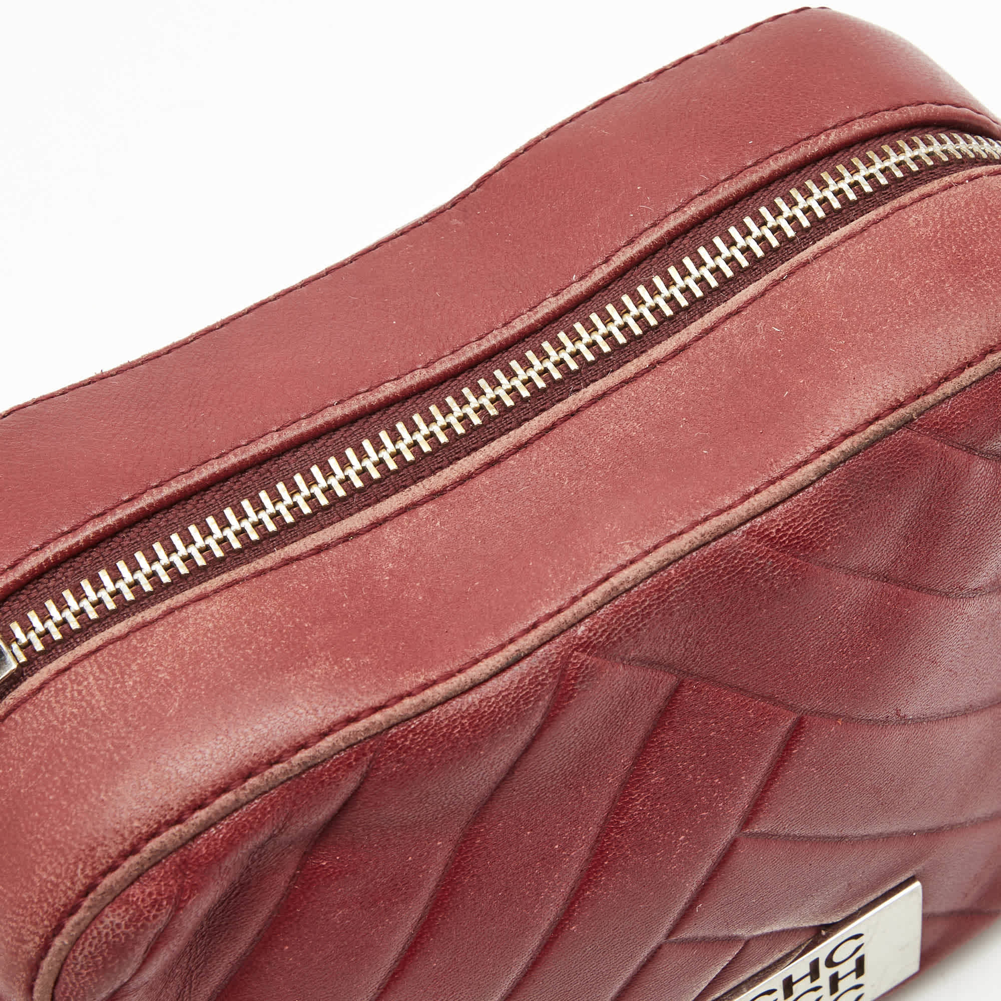 Ch Carolina Herrera Burgundy Chevron Leather Logo Camera Crossbody Bag