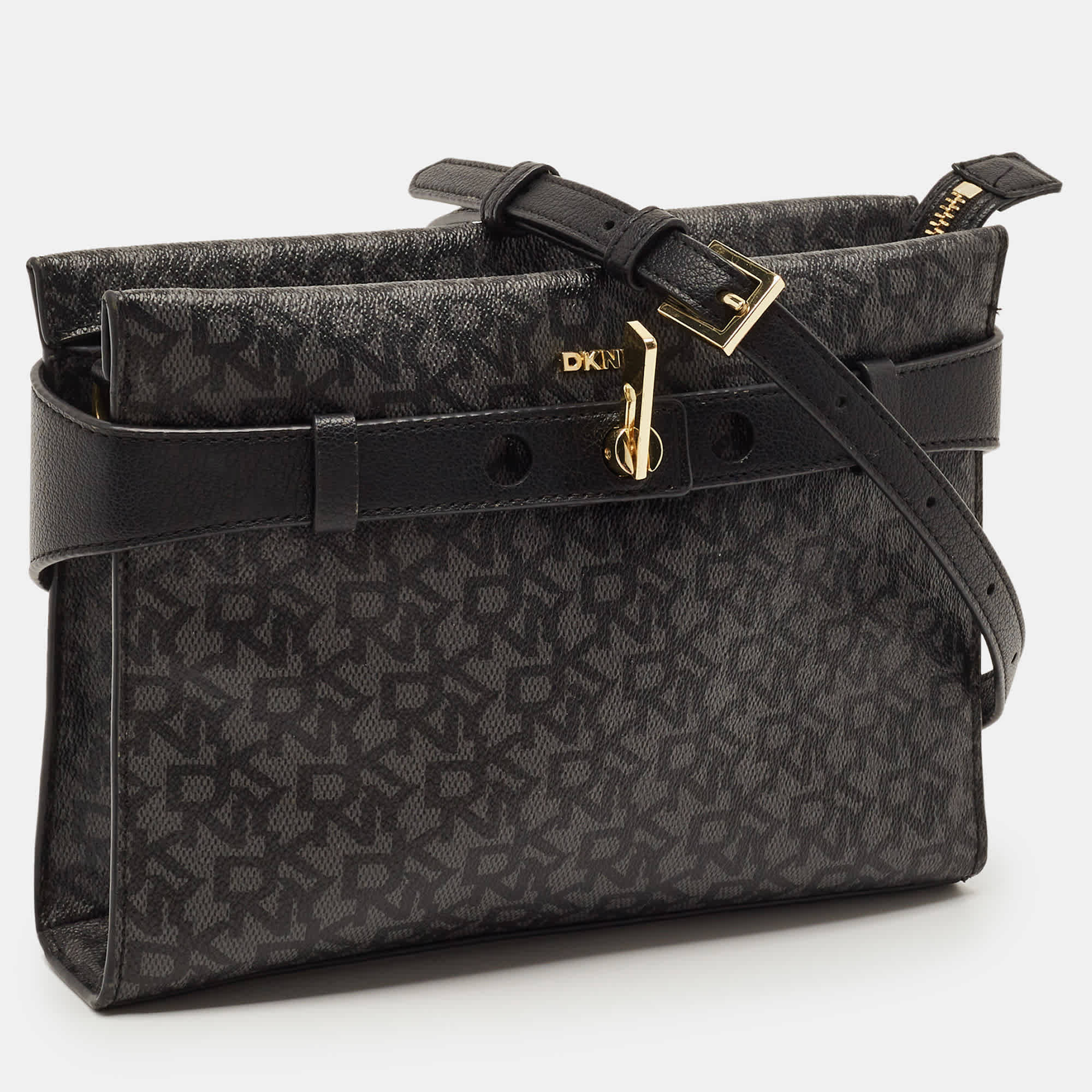 Monogram Dkny Bleeker East West Black/grey Monogram Coated Canvas And Leather Crossbody Bag