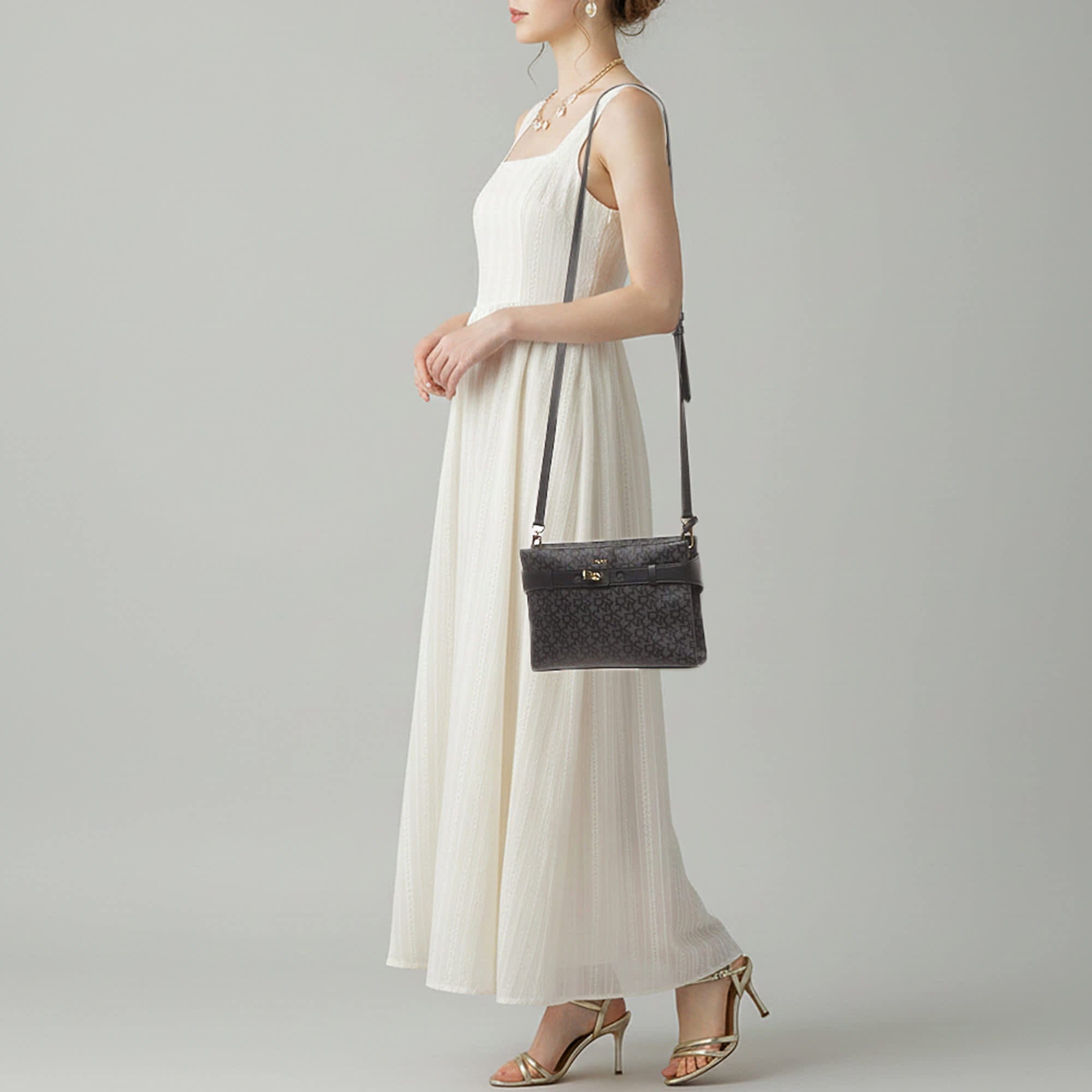 Monogram Dkny Bleeker East West Black/grey Monogram Coated Canvas And Leather Crossbody Bag