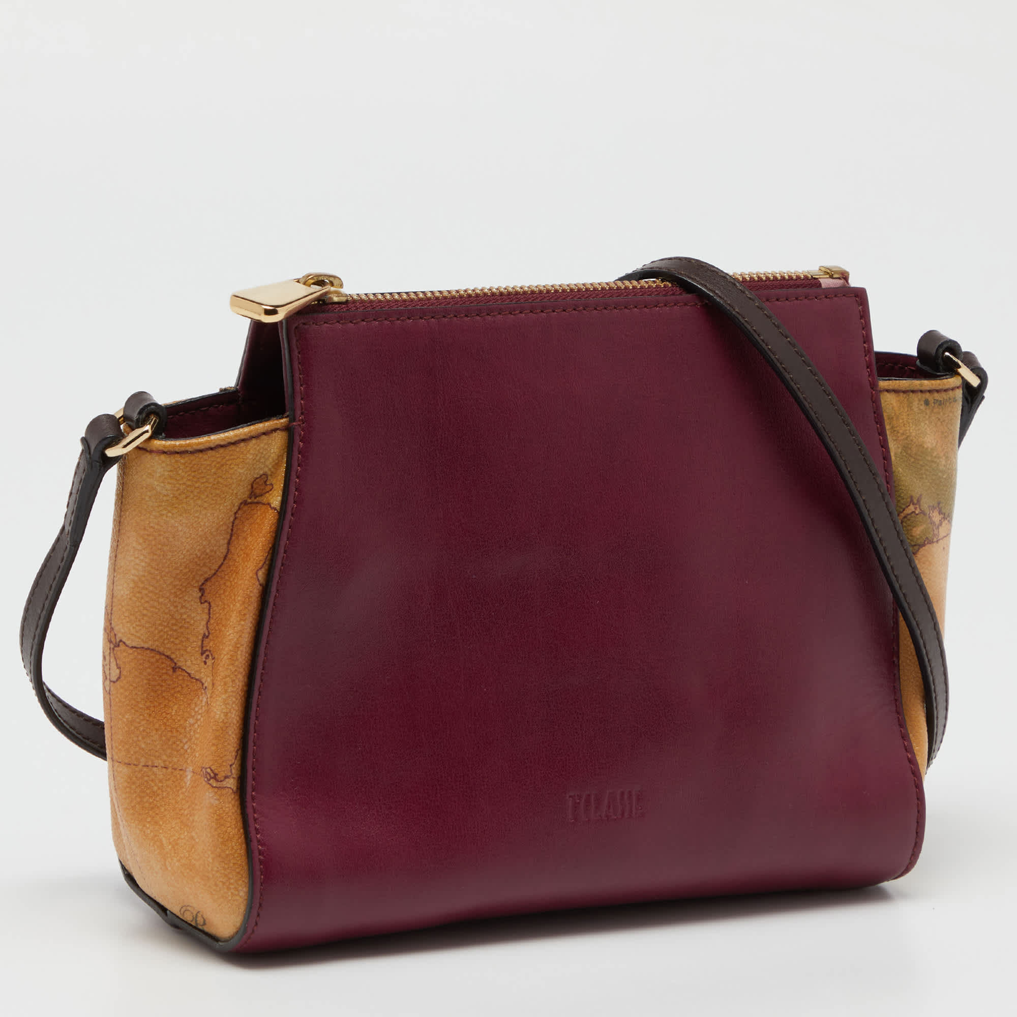 Alviero Martini 1A Classe Burgundy/tan Geo Print Coated Canvas And Leather Crossbody Bag