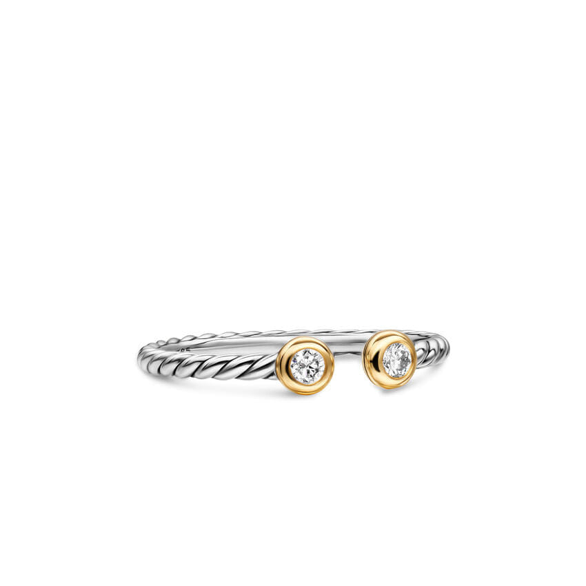 David Yurman Cable Open Round Ring in Sterling Silver with 18K Yellow Gold and Diamonds, 3.9 mm, Size 7