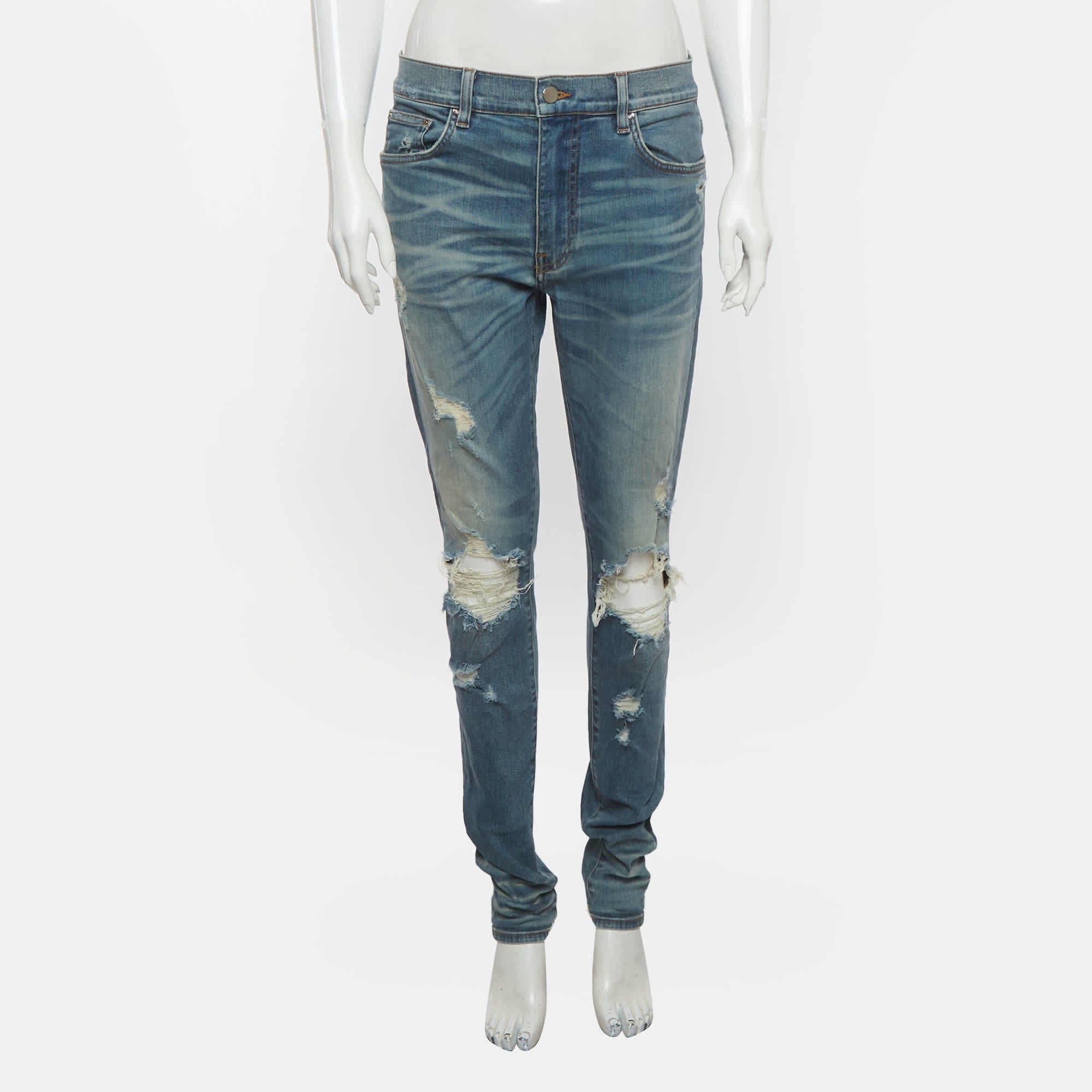 Amiri Blue Distressed Denim Skinny Fit Jeans L/waist