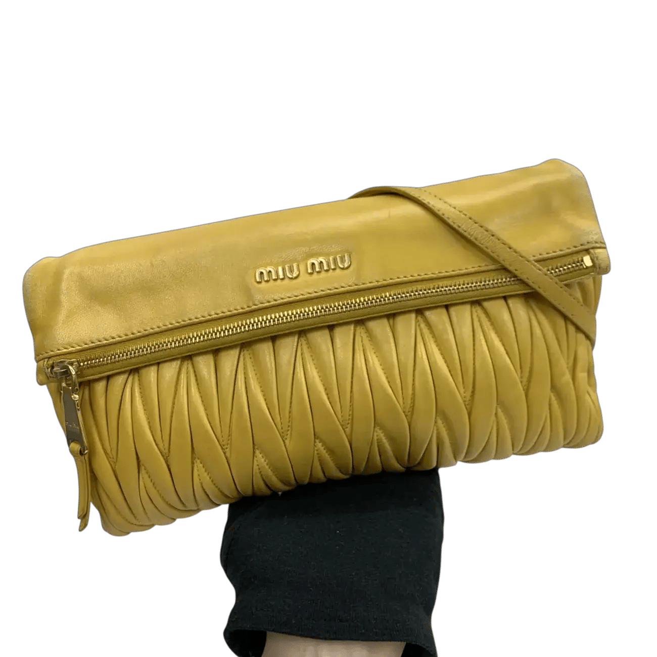 True To Sole Miu Miu RP0385 Yellow Leather Matelassé Flap Crossbody Shoulder Bag
