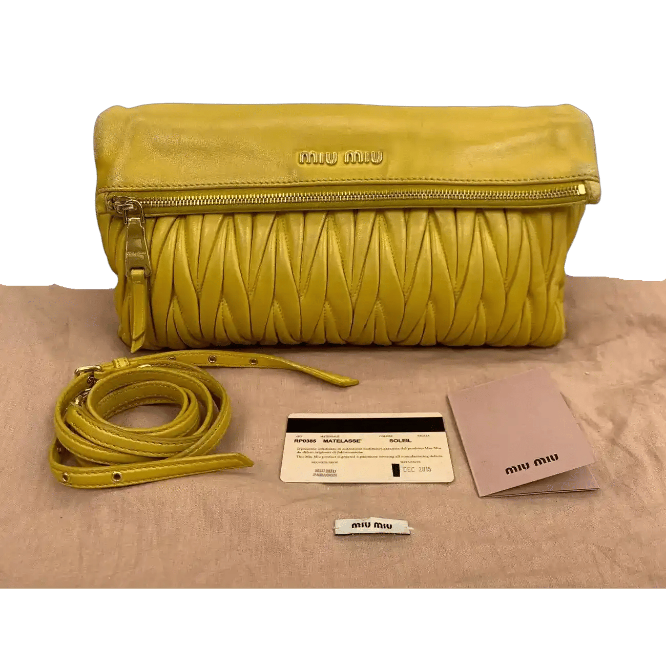 True To Sole Miu Miu RP0385 Yellow Leather Matelassé Flap Crossbody Shoulder Bag