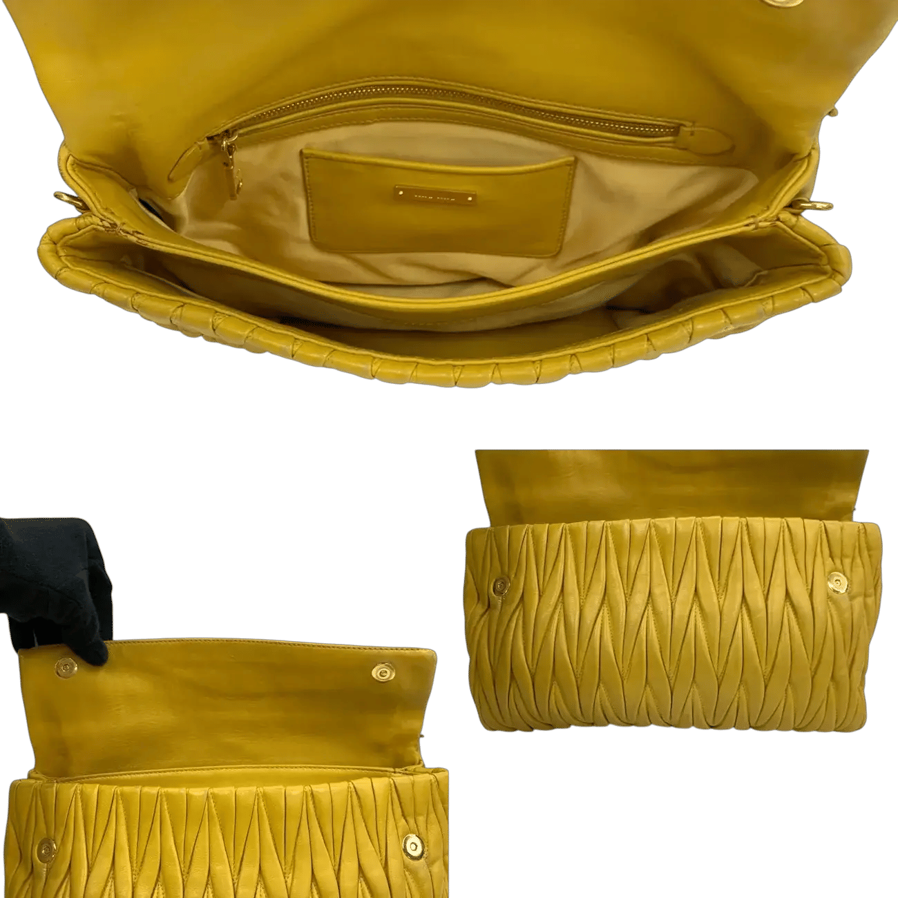 True To Sole Miu Miu RP0385 Yellow Leather Matelassé Flap Crossbody Shoulder Bag