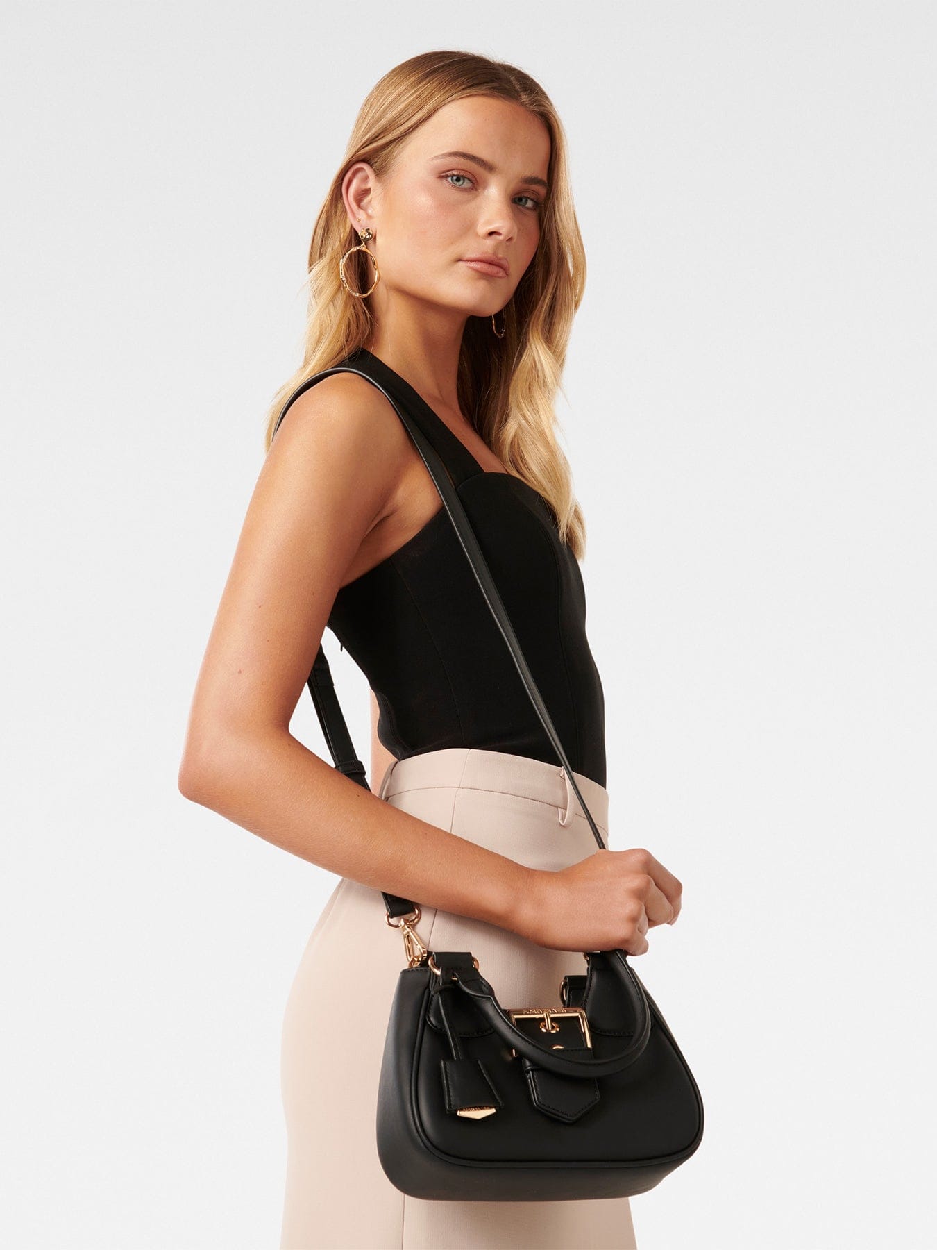 Forever New Signature Madison Buckle Moon Crossbody Bag Black