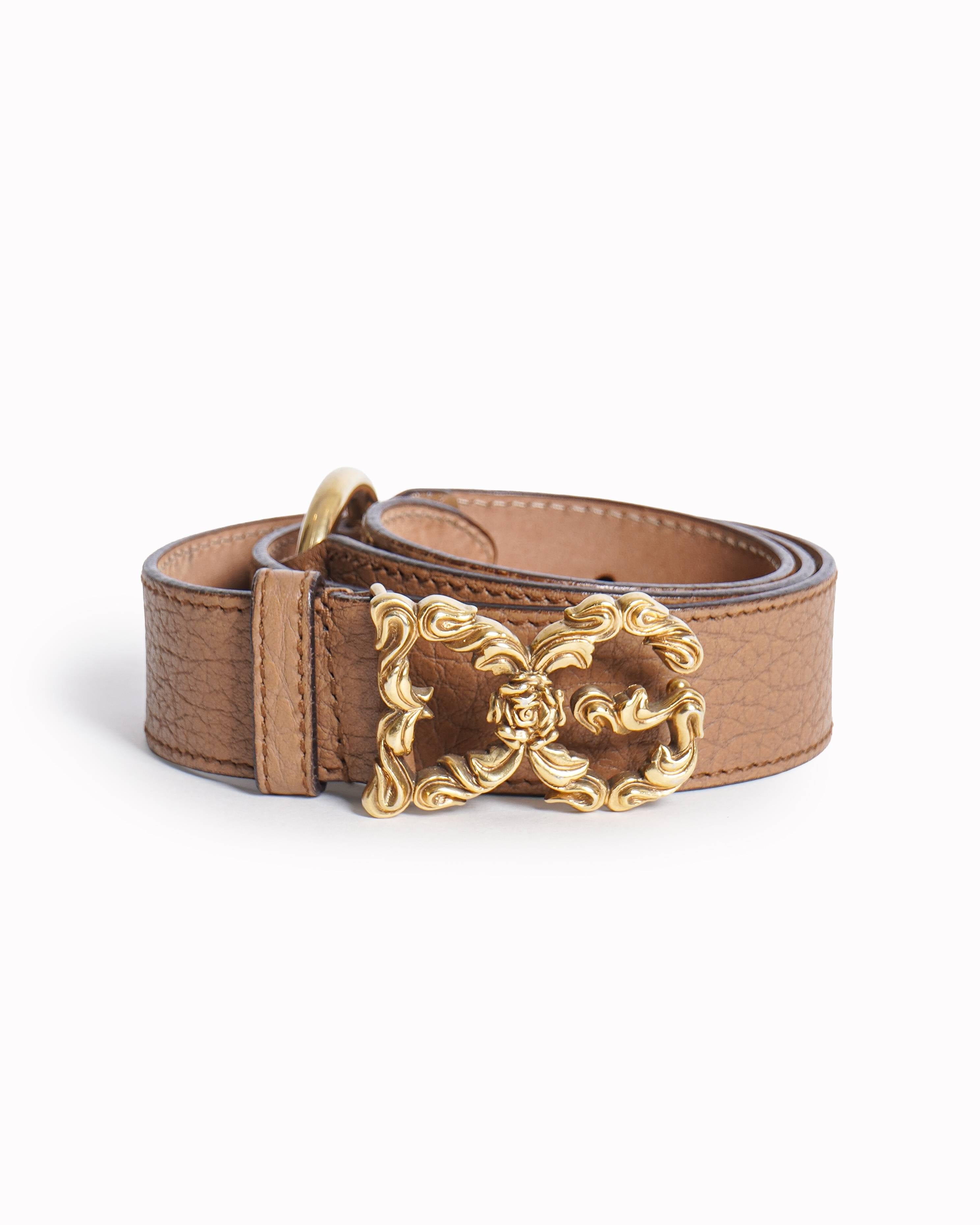 Dolce & Gabbana Women's Brown Leather Baroque Logo Buckle Belt