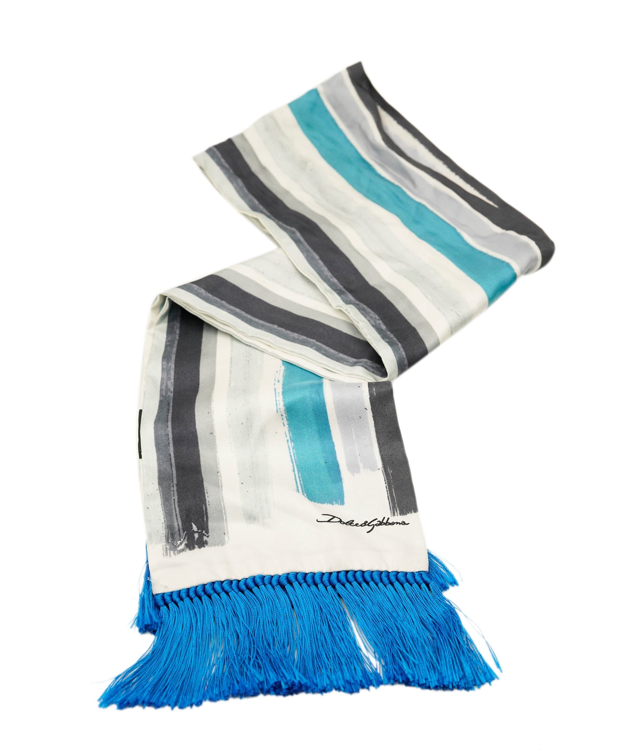 Dolce & Gabbana Blue Striped Fringe Trim Silk Scarf AKL0051