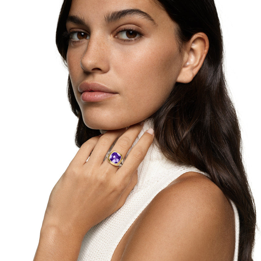 David Yurman Albion Ring in Sterling Silver with 18K Yellow Gold and Amethyst, 11 mm, Size 6