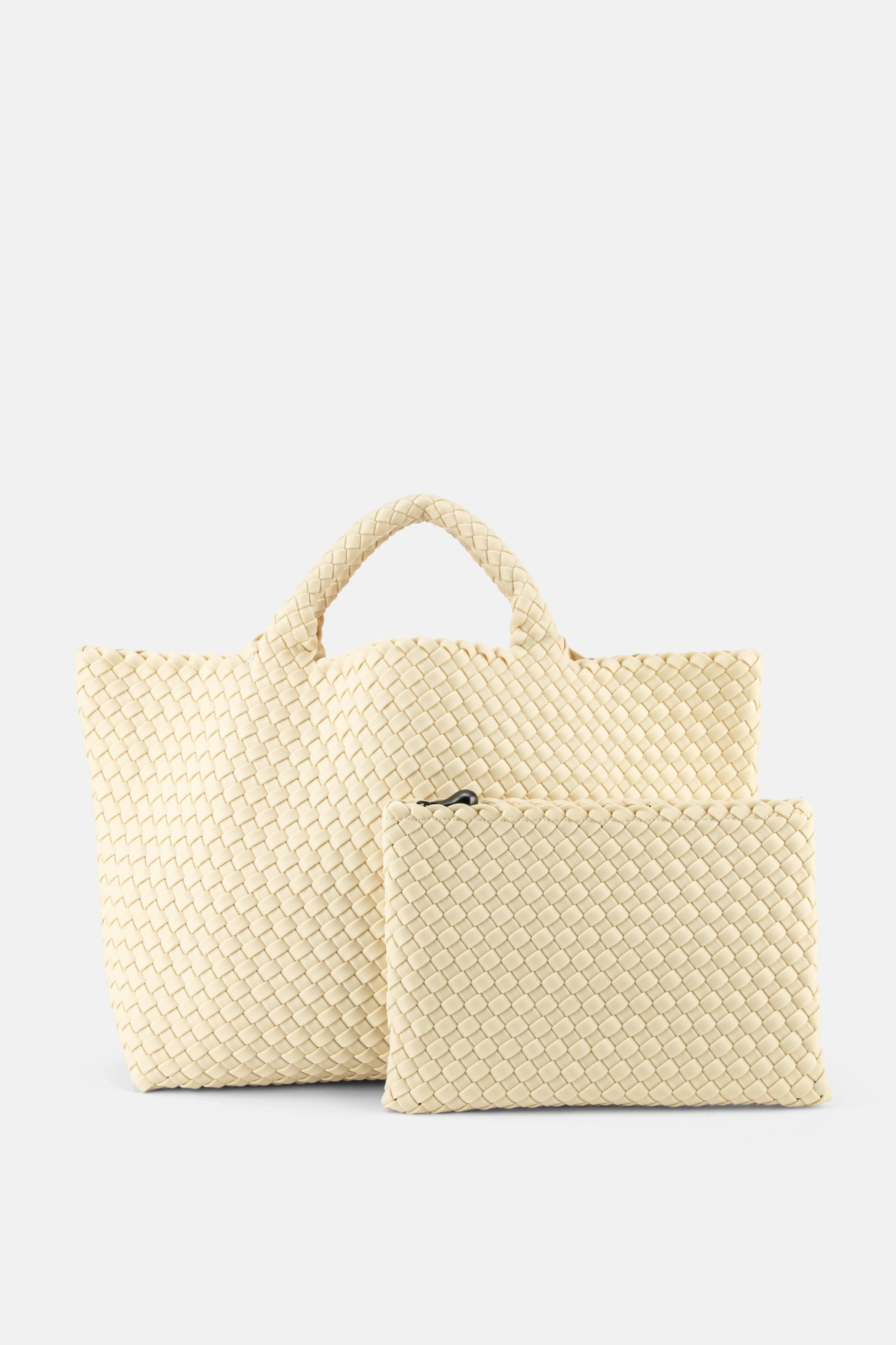 Naghedi St. Barths Woven Medium Tote Bag in White with Pouch