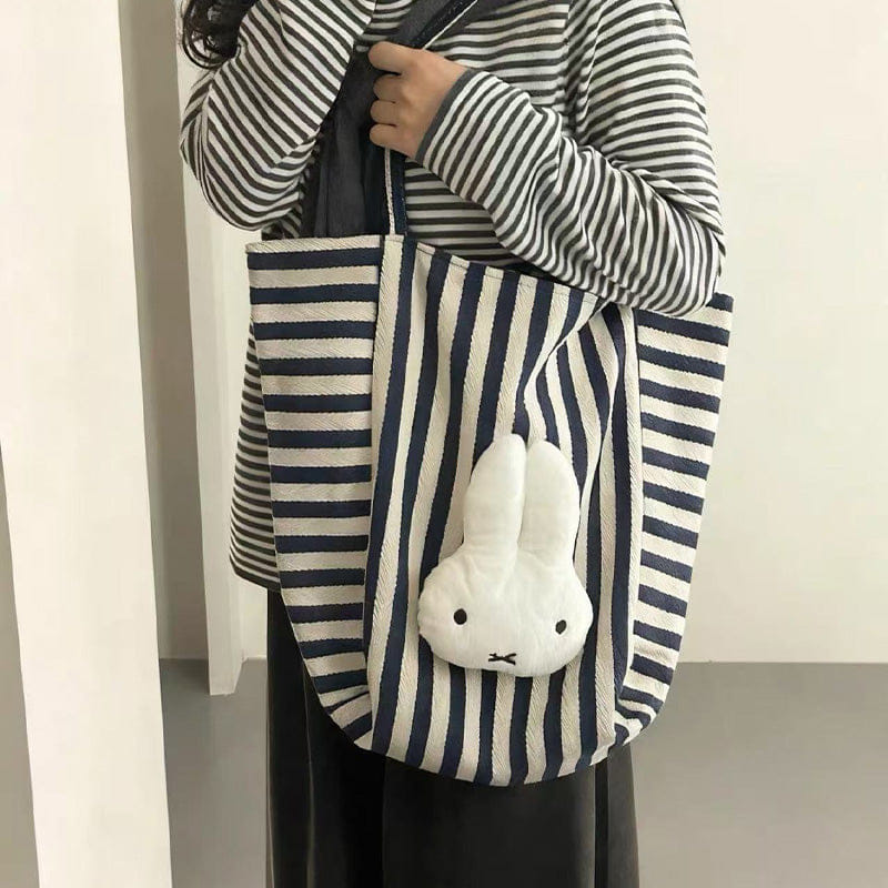 Blue Authentic Miffy Blue Striped Canvas Tote Bag Large Capacity
