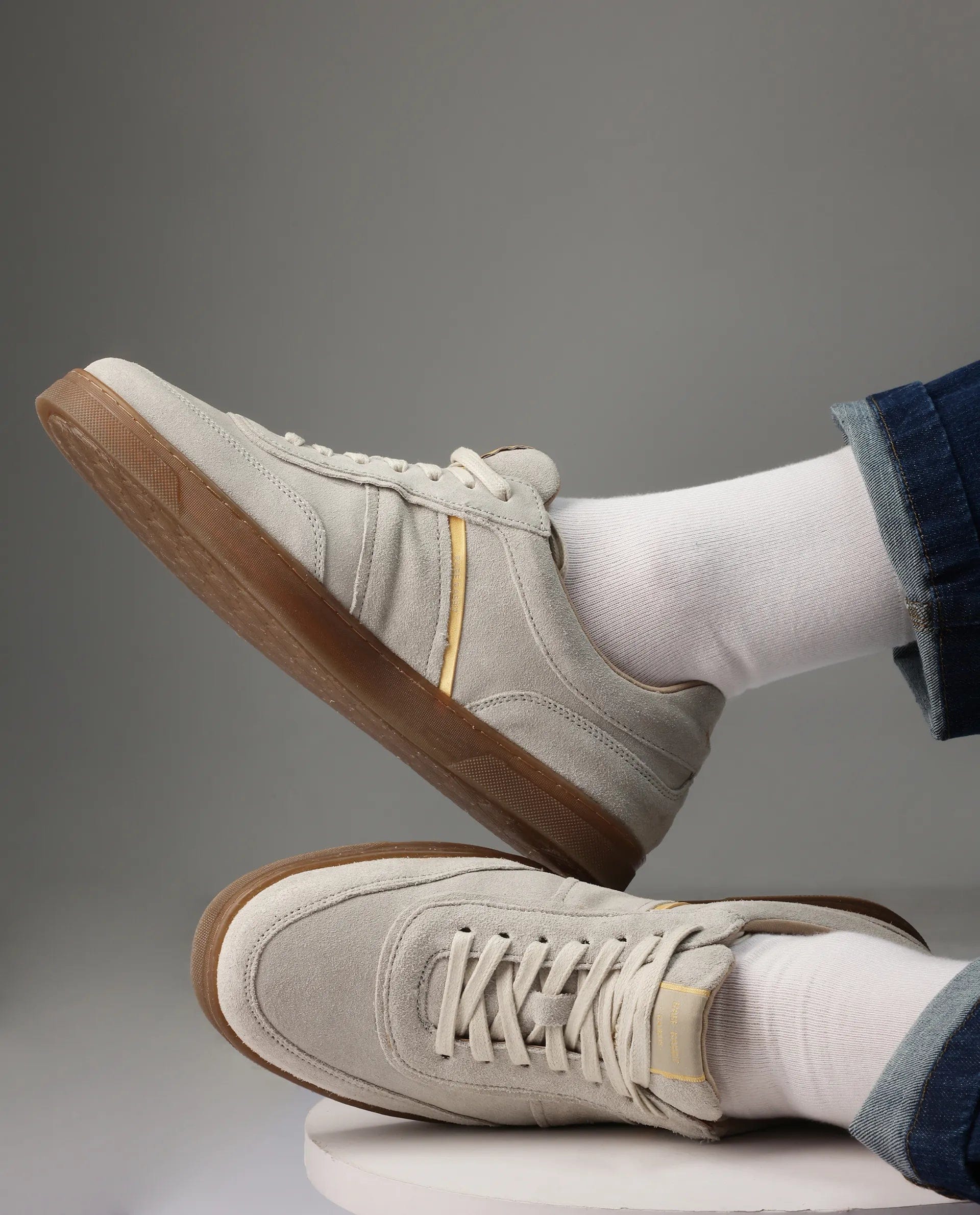 RAREZ Rare Rabbit Men Kairos Light Beige Premium Suede Leather Low - Top Lace - Up Sneaker Shoes