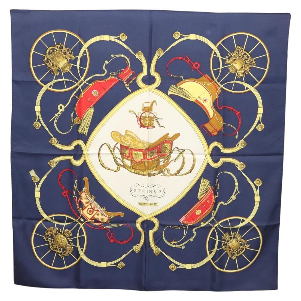 HERMES Carre 90 Scarf "SPRINGS" Silk Navy White Auth 117294 117294