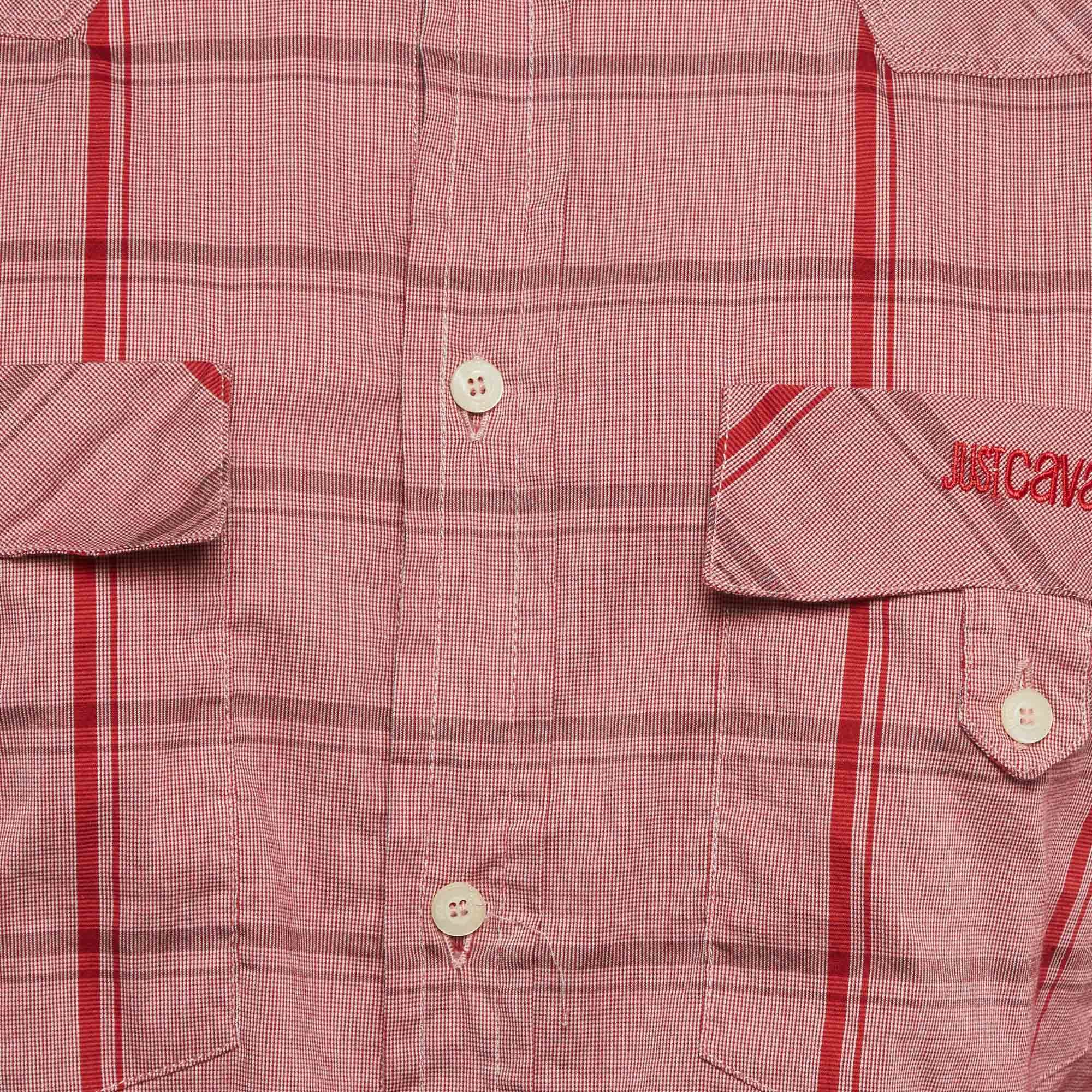 Just Cavalli Red Plaid Print Stretch Cotton Button Up Shirt