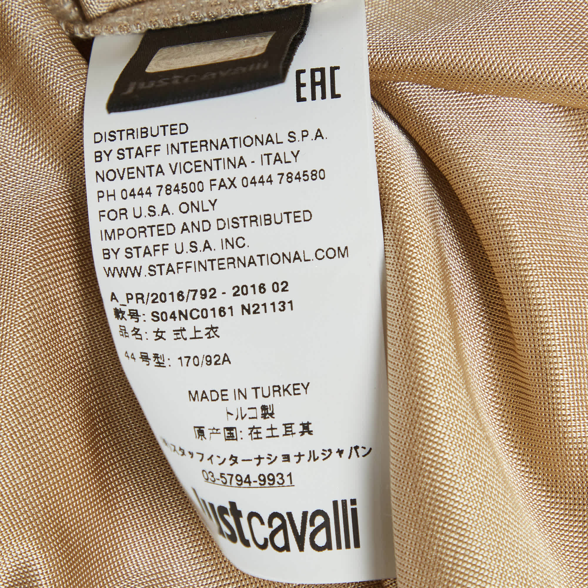 Just Cavalli Metallic Gold Jersey Long Sleeve Asymmetric Hem Top