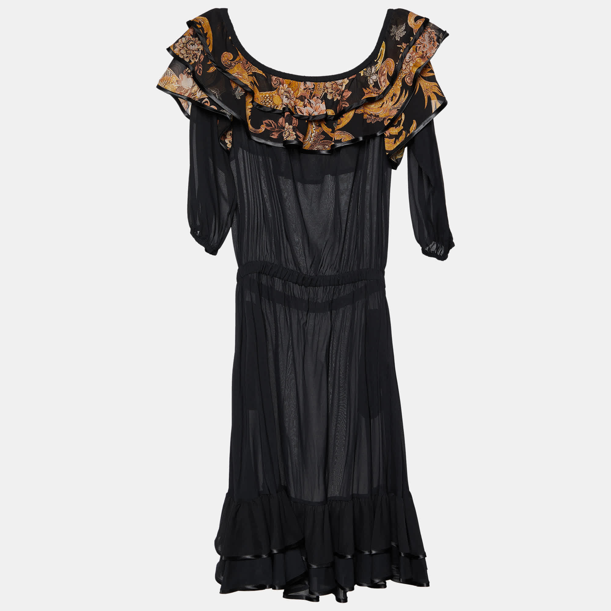 Just Cavalli Black Printed Silk Tiered Midi Dress