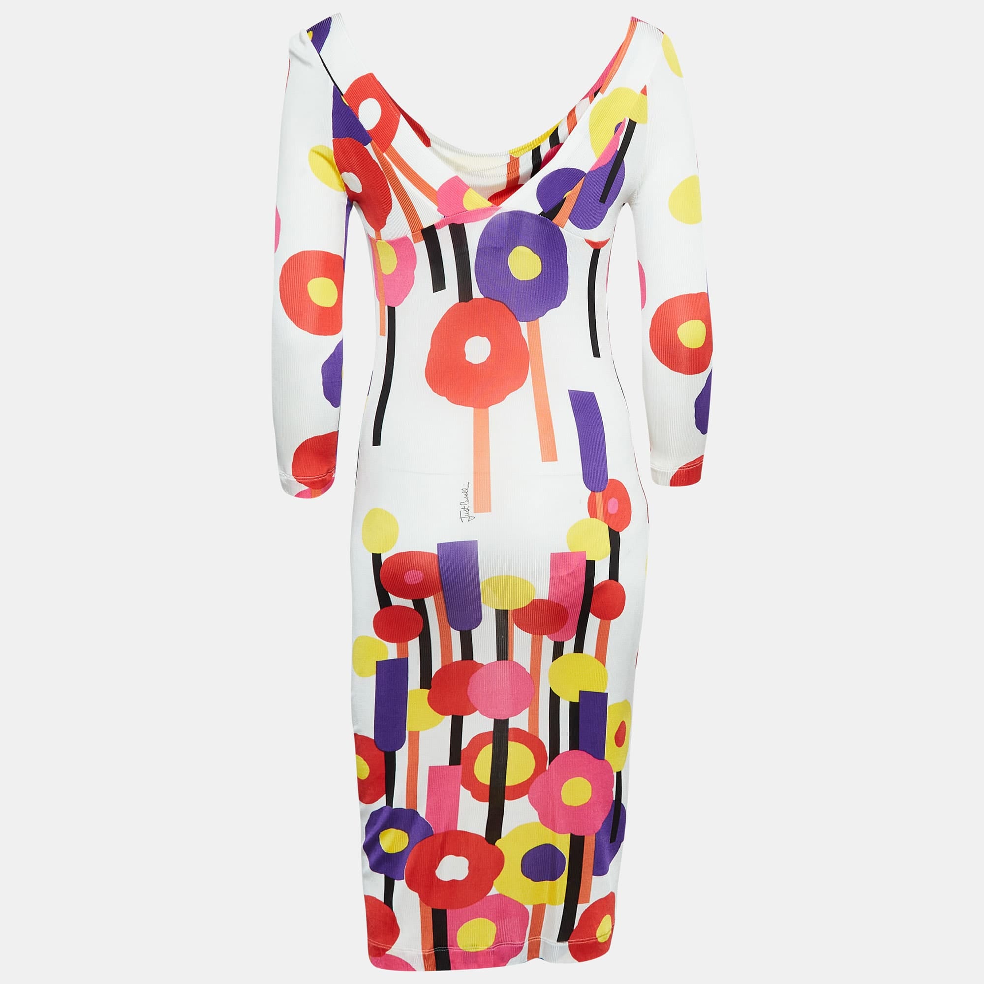Just Cavalli White Floral Print Stretch Knit Midi Dress