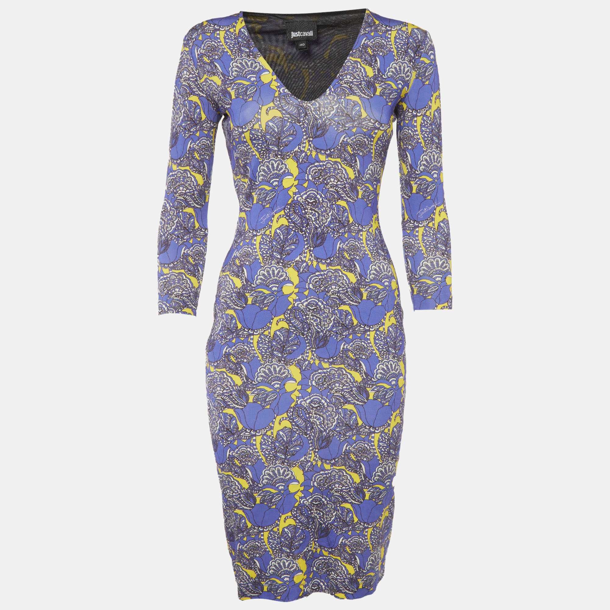 Just Cavalli Purple Floral Print Jersey Midi Dress